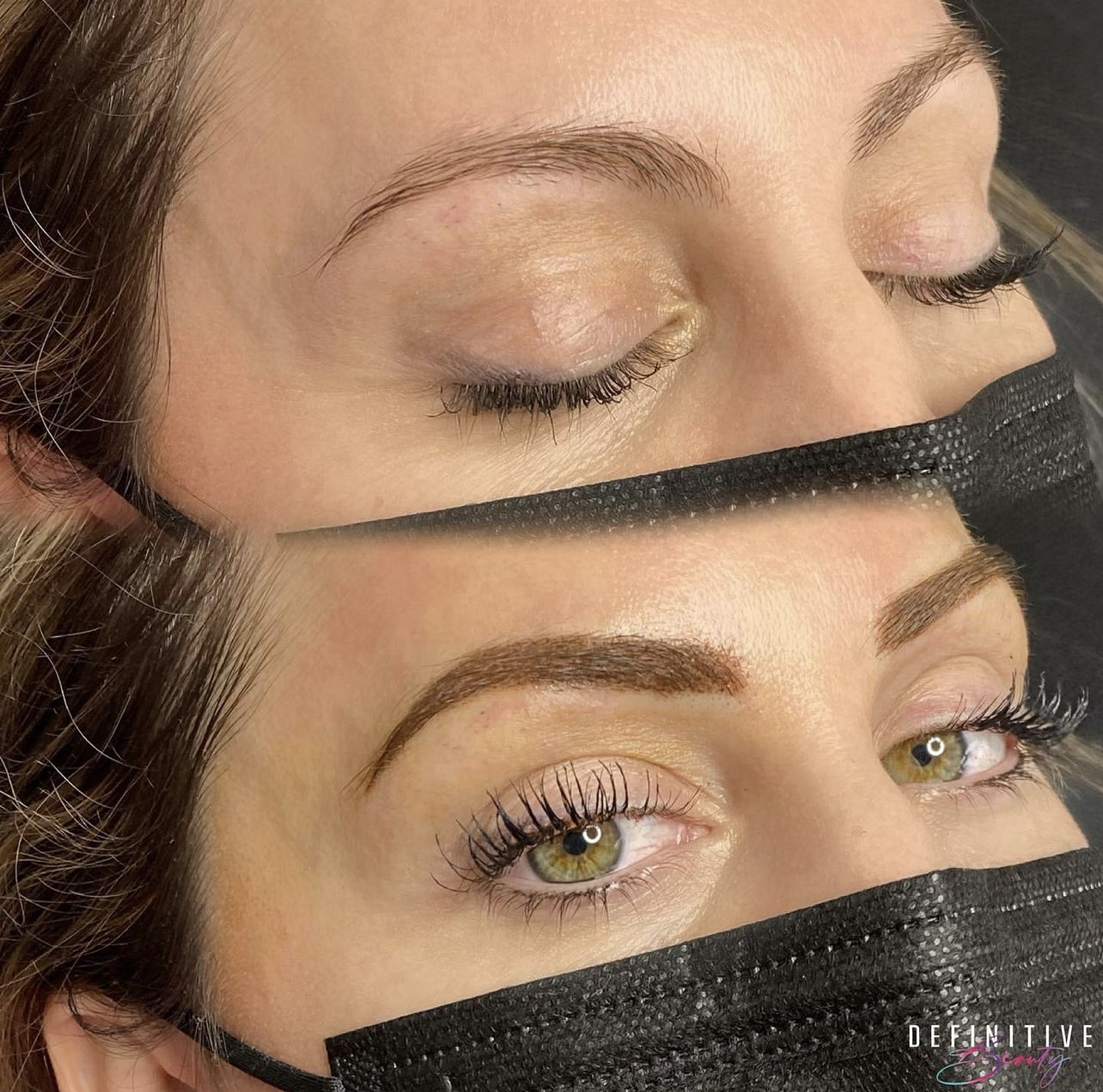 Before and after of a woman with powder brows permanent makeup