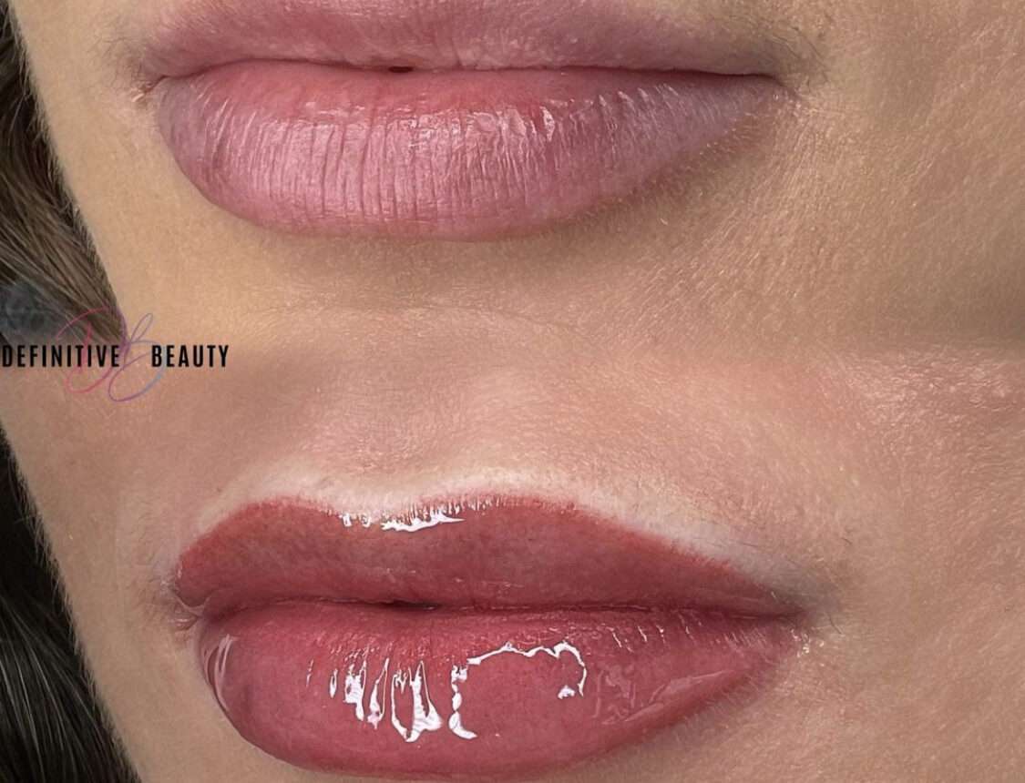 Before and after of a woman with full lips with lip blushing.